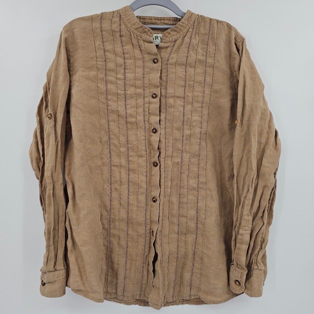 Orvis Tan 100% Linen Button Down Shirt Mandarin Collar Vertical Texture